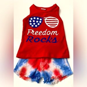 Patriotic Red White Blue July 4 Baby Girl’s Tank Top Tie-Dye Denim Shorts Set XS